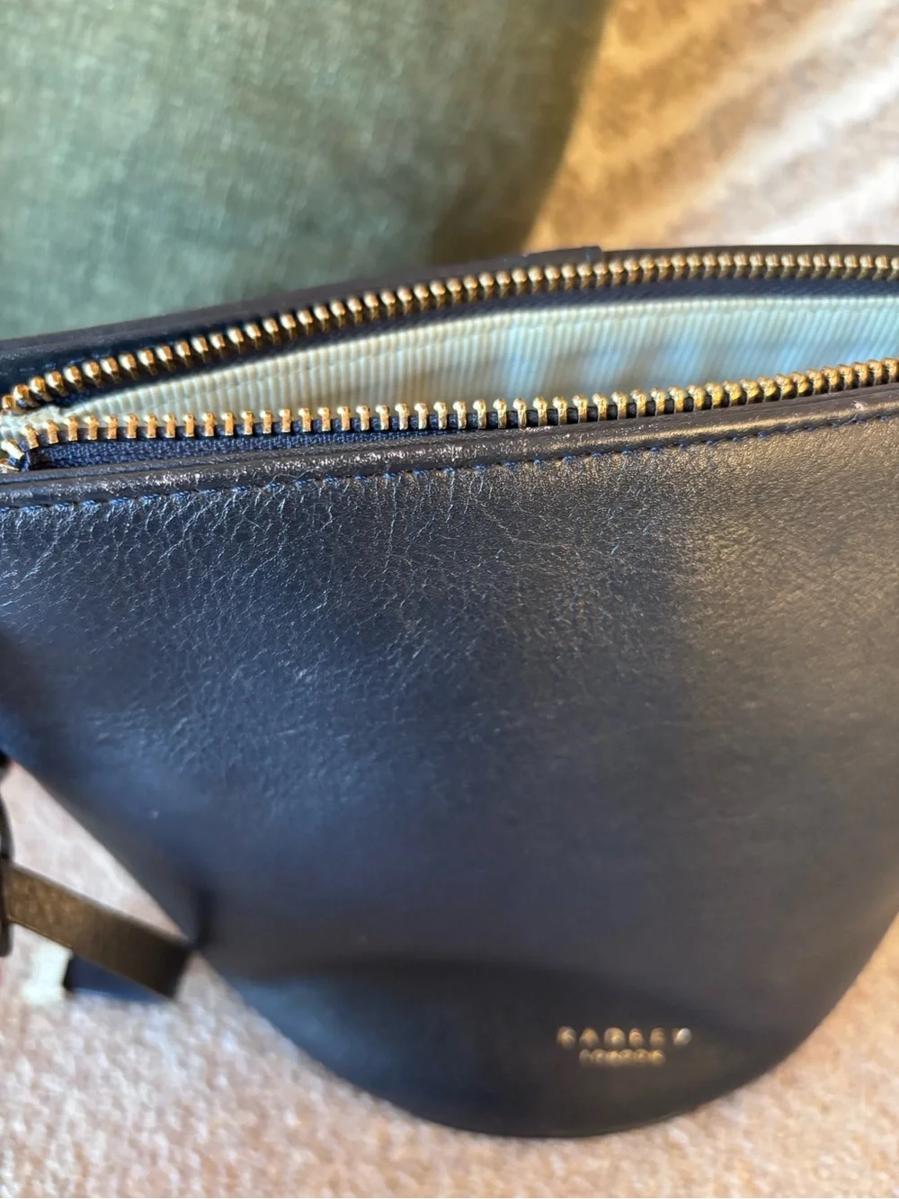 RADLEY LONDON Navy Leather Crossbody Bucket Bag with Gold Hardware